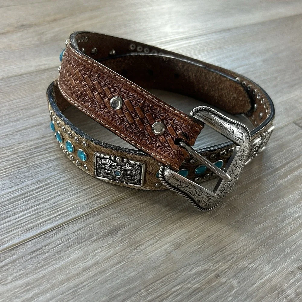 NOCONA Men 26 Leather Calf Hair-On-Hide Blue Crystals Concho Western Cowboy Belt